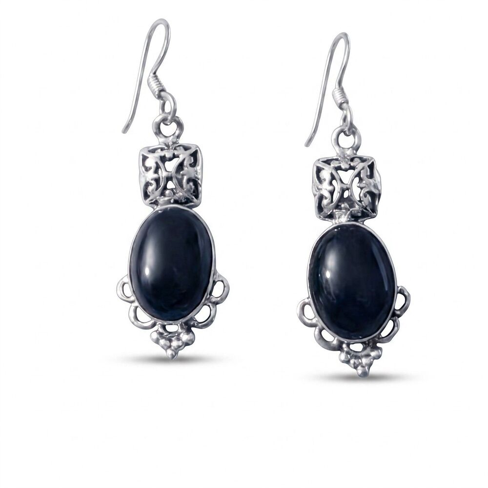 New 925 Sterling Silver Black Onyx Dangle Earrings 1.75 Inch Total Length